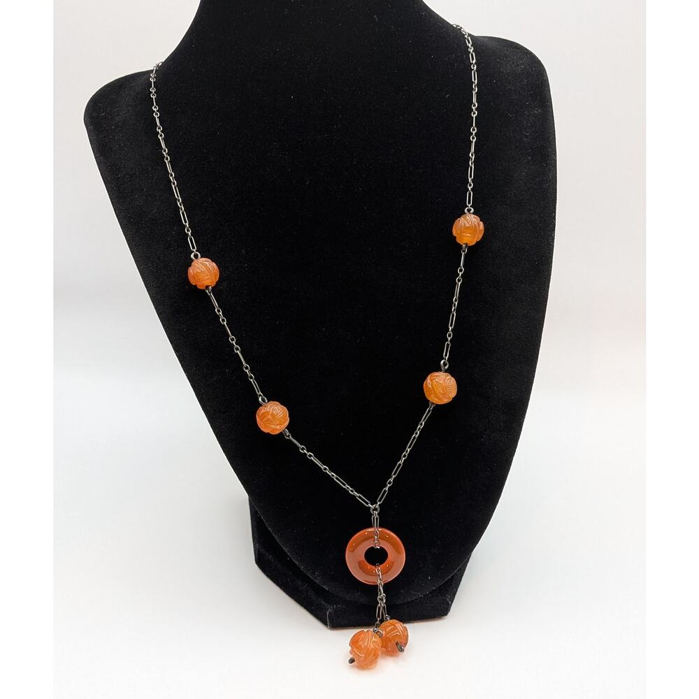 Antique Sterling Silver Chinese Carved Carnelian Drop Disc Necklace 21.75in